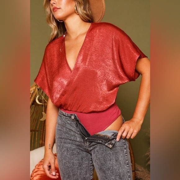 Brick Red Satin Surplice Bodysuit - Picture 6 of 6